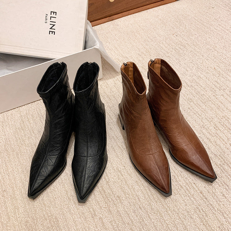 Karin Luna Elegant Style Pointed Toe Chunky Heel Short Boots