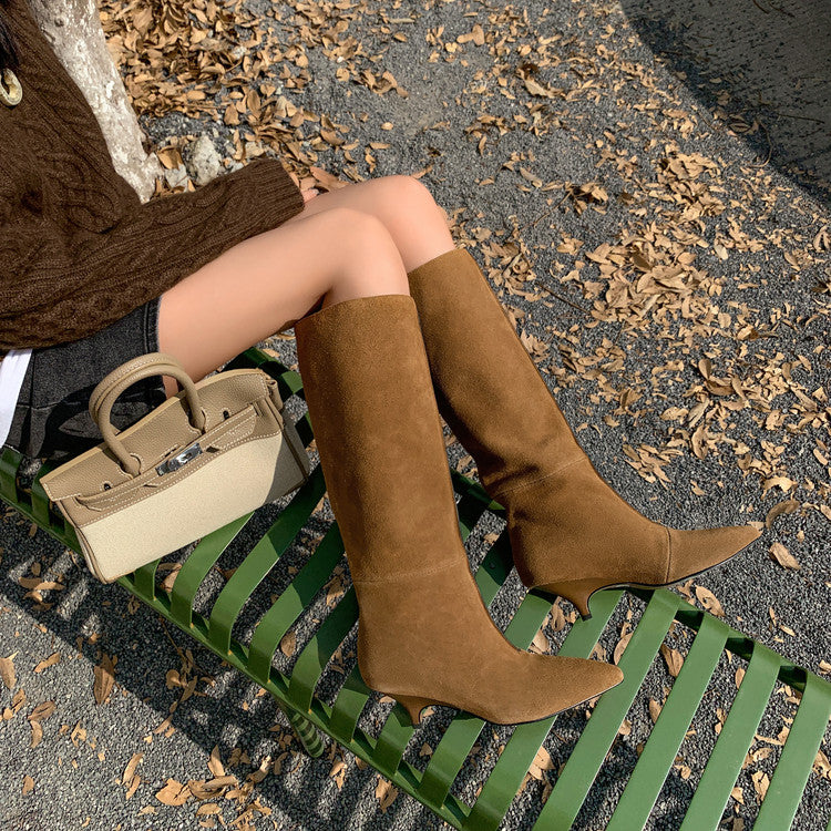 Karin Luna In Stock Spot Goods Retro Cowhide Pointed Toe Stiletto Elegant Long Boots