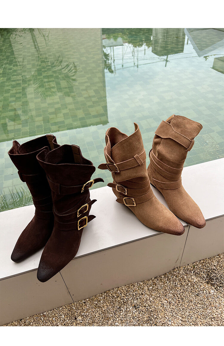 Karin Luna Cow Leather Small Square Toe Belt Buckle Fashion Boots
