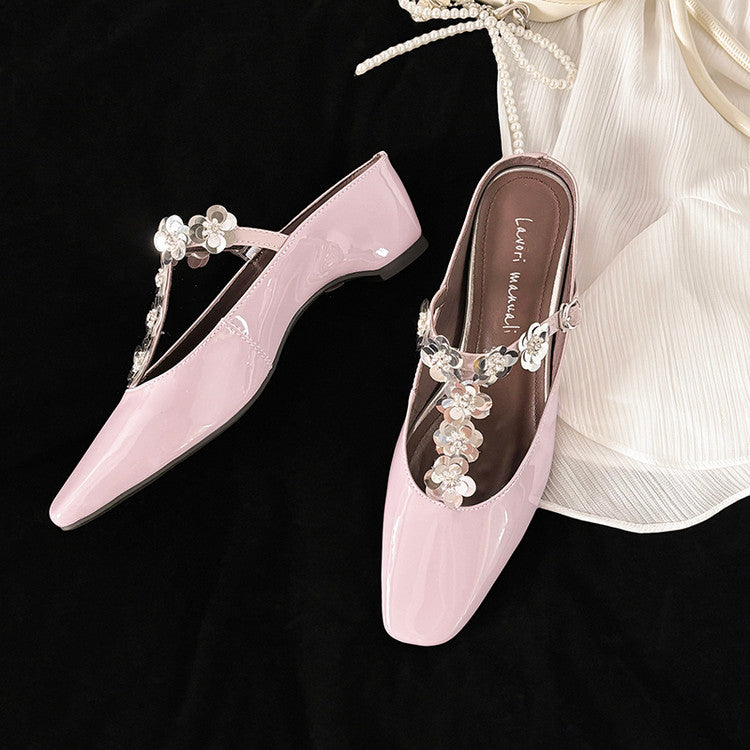 Karin Luna In Stock Spot Goods  T Handmade Sequin Flower Square Toe Height-Increasing Closed-Toe Slippers