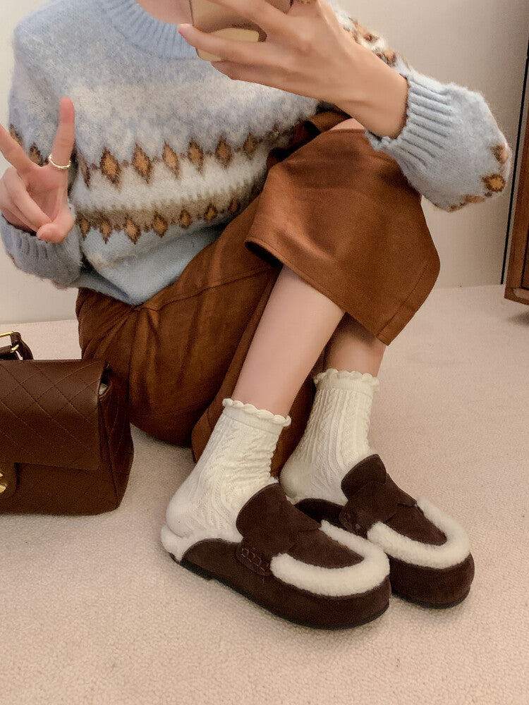 Karin Luna In Stock Look~This is such thick lamb wool Winter Atmosphere！Cowhide Leather Lamb Wool Round Toe Flat Sole Half Support！
