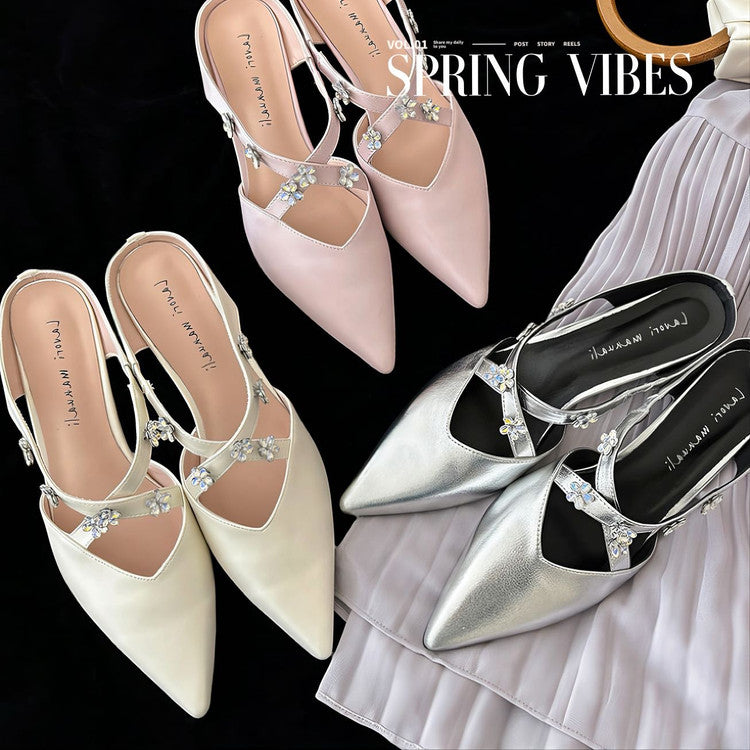 Karin Luna Elegant Pointed Toe Rhinestone Flower High Heel Mules