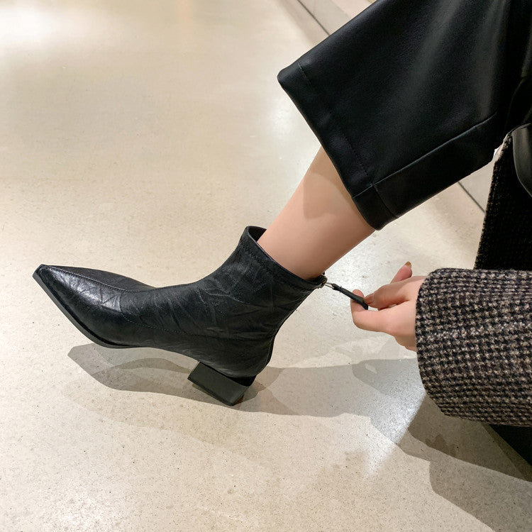 Karin Luna Elegant Style Pointed Toe Chunky Heel Short Boots