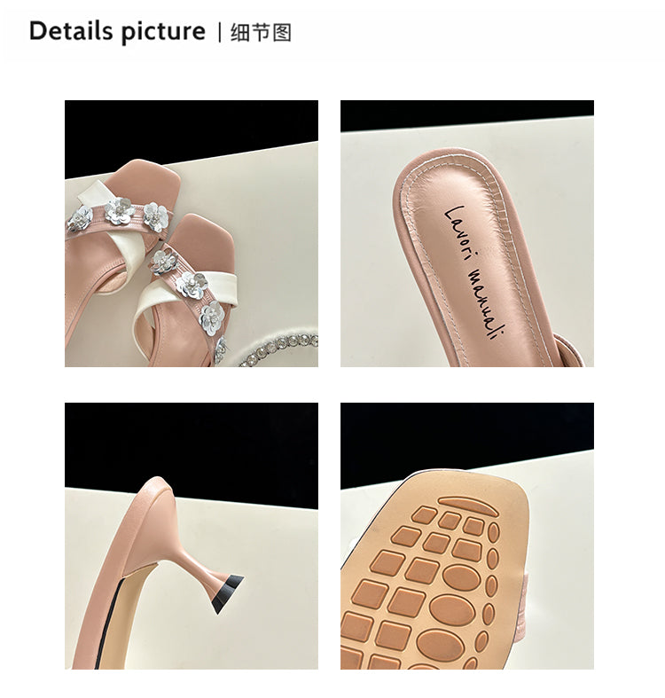 Karin Luna In Stock Spot Goods  Sequin Floral Cross Strap Square Toe Stiletto Slippers