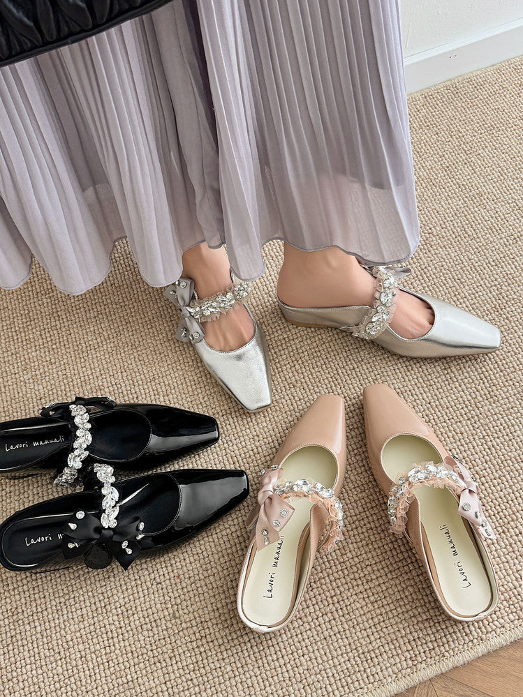 Karin Luna Handmade One-Strap Rhinestone Ribbon Square-Toe Mules