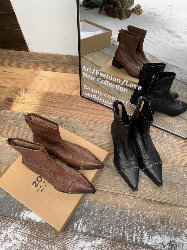 Karin Luna In Stock In Stock Slim Boots Series~Pointed Toe Rivet Slim Short Boots