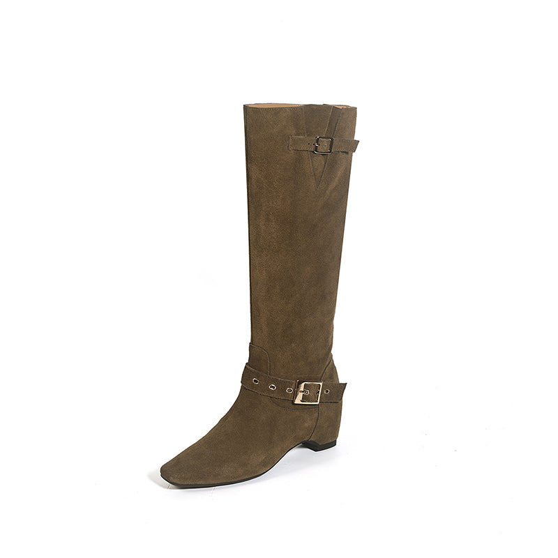 Karin Luna Data Model Belt Buckle Matte Square Toe Hidden Wedge Slouch Western Boots