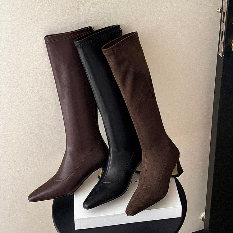 Karin Luna In Stock In Stock  Square Toe Chunky Heel Korean Style Elegant Long Boots