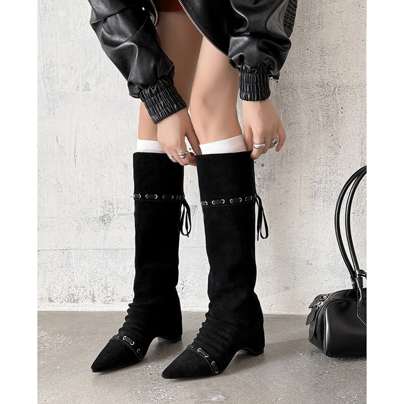 Karin Luna Elegant Style  Pointed Toe Pleated Hidden Wedge Western Boots