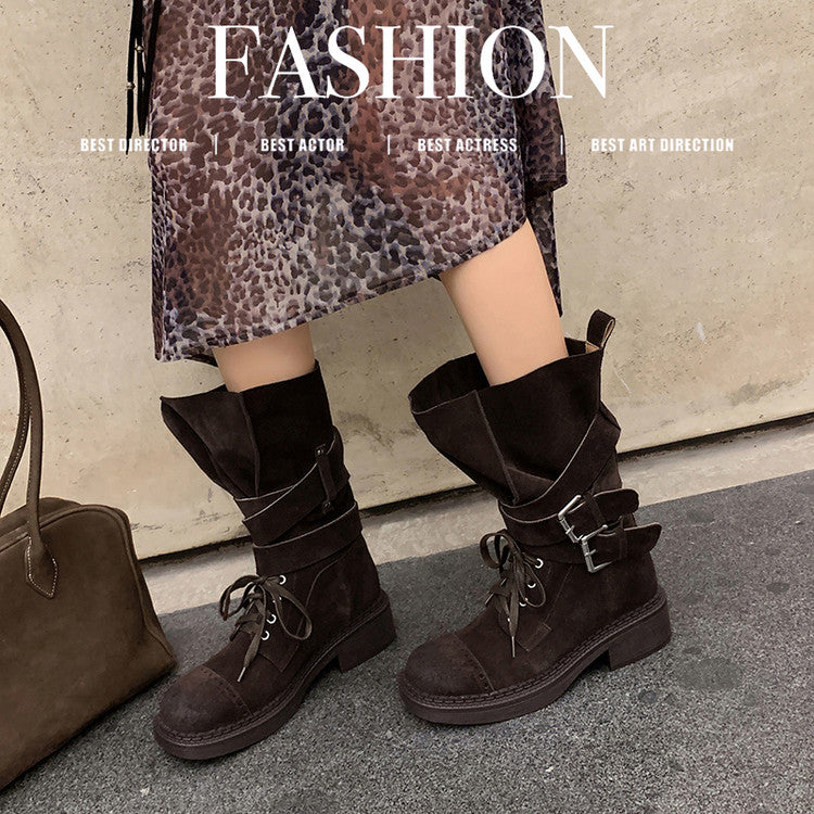 Karin Luna Bestseller Hot-Selling Large Tube Leather Belt Buckle Round Toe Thick-Soled Short Boots