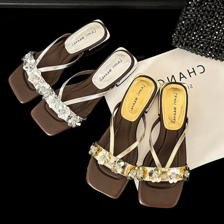 Karin Luna In Stock Spot Goods  One-Strap Sequin Floral Square-Toe Flat Slippers