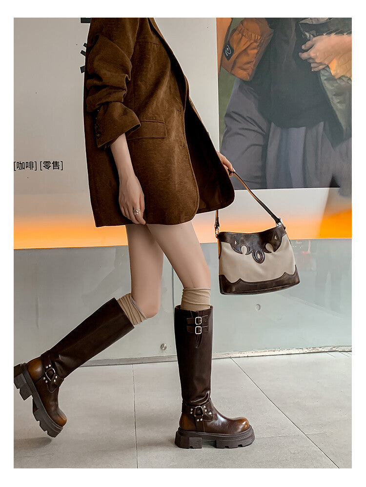 Karin Luna Full Cowhide  miumiu Popular Round Toe Thick Sole Beautiful and height-increasing