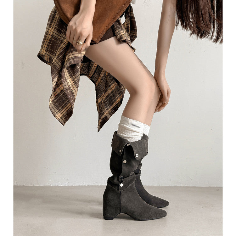 Karin Luna Bestseller Hot-Selling Hidden Buckle Lazy Style Square-Toe Height-Increasing Suede Western Boots
