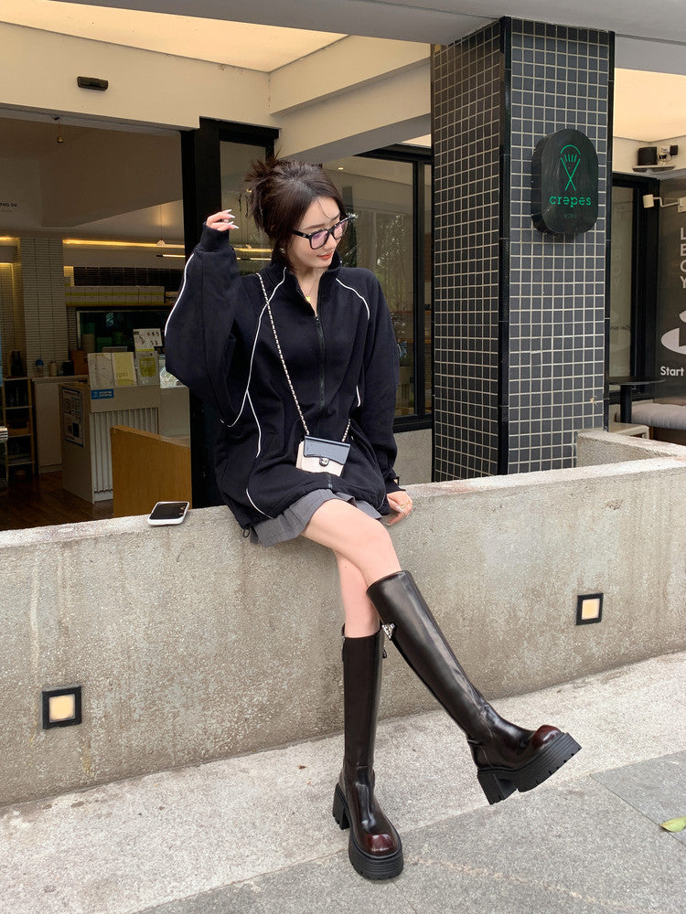 Karin Luna In Stock In Stock  Round Toe Thick Sole Belt Buckle Side Zipper Knight Boots