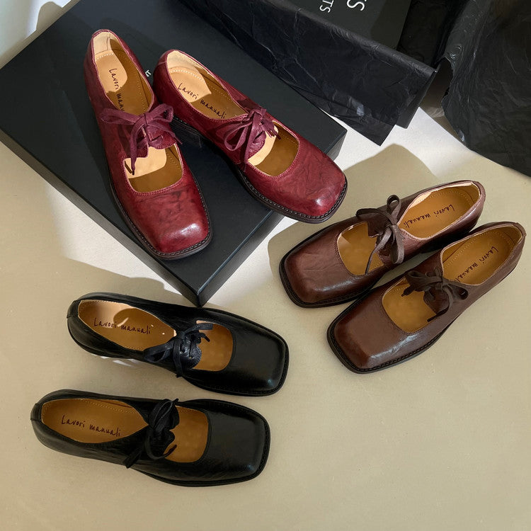 Karin Luna In Stock Spot Goods   Full leather inside and out Vegetable Tanned Hand-Grabbed Sheepskin Square-Toed Chunky Heel Single Shoes
