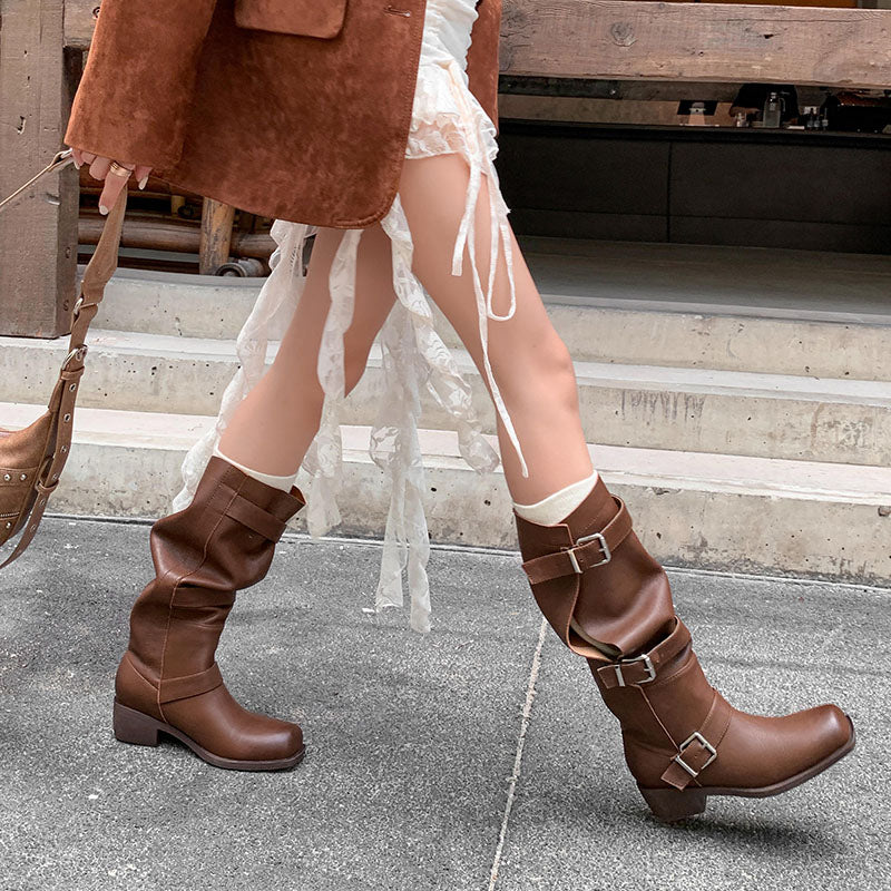 Karin Luna In Stock In Stock European and American Style Square Toe Thick Sole Belt Buckle Long Boots