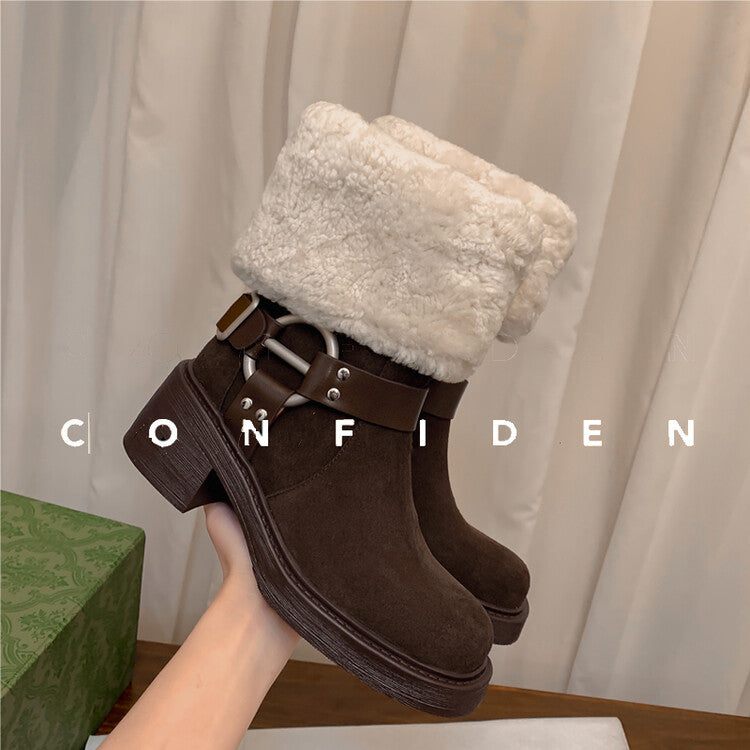 Karin Luna Genuine Lamb Wool and Cowhide Leather Hot-selling Metal Buckle Round Toe Chunky Heel Main Push Main Push