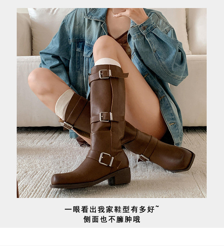 Karin Luna In Stock In Stock European and American Style Square Toe Thick Sole Belt Buckle Long Boots
