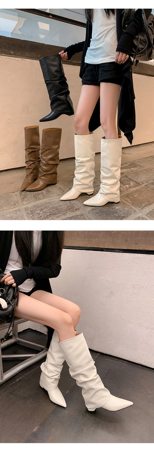 Karin Luna Elegant Style Pointed Toe Hidden Wedge Long Boots