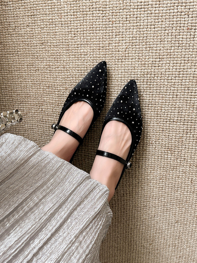 Karin Luna In Stock Spot Goods  Breathable Mesh Fabric Embellished Hand Drill Pointed Toe Slippers