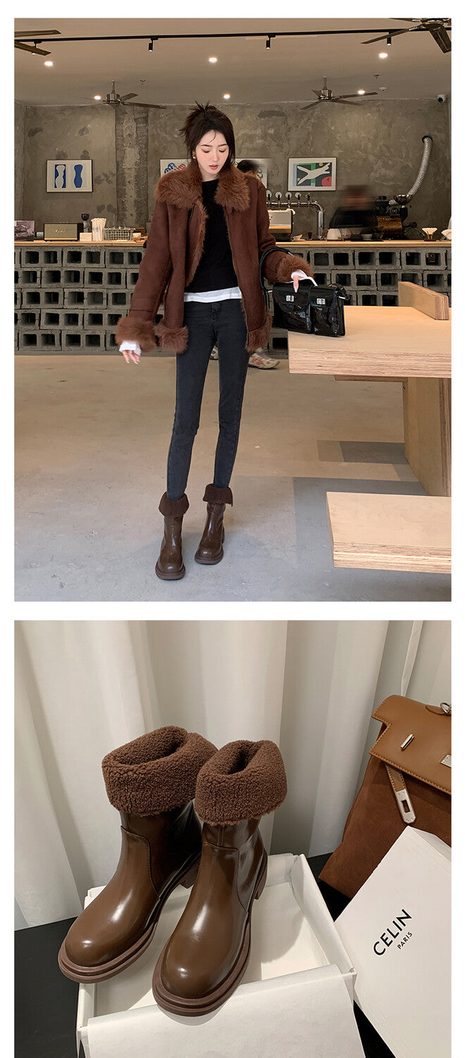 Karin Luna Classic Basic Style   Convertible Foldable Hidden Buckle Snow Fur Shoes Full cowhide Basic Flat Short Boots