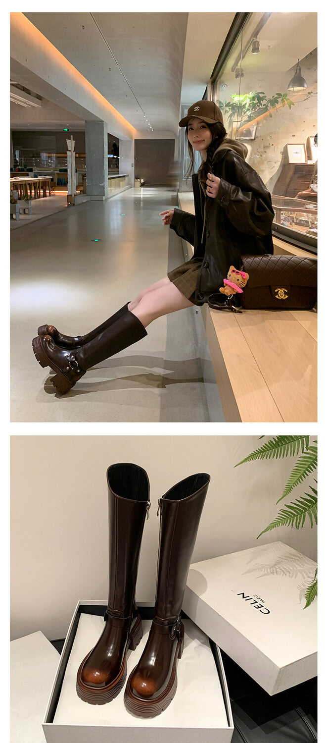 Karin Luna In Stock In Stock Slimming Diagonal Cut Tube Top  Best-selling in stock Retro Metal Buckle Thick-Soled Long Boots