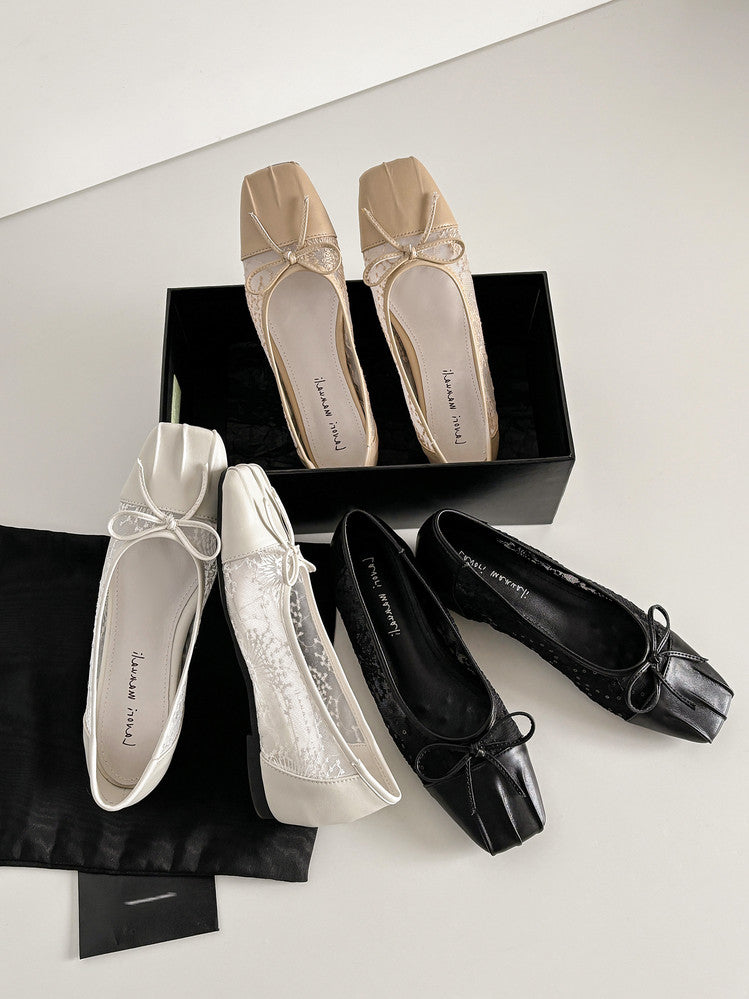 Karin Luna In Stock In Stock  Wrinkled Square Toe Patchwork Breathable Mesh Bow Granny Shoes