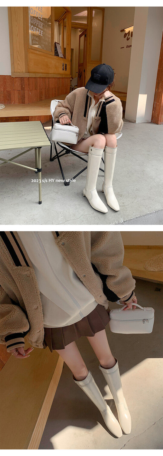 Karin Luna In Stock Spot Goods  Vintage Open Stitch Small Square Toe High Heel Side Zipper Riding Boots