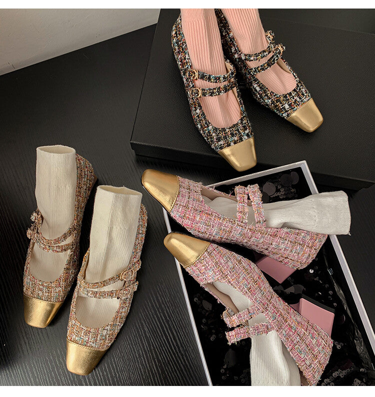 Karin Luna Classic Chanel Style~ Tweed Spring Limit Square Toe Chunky Heel Mary Jane Strap Single Shoes