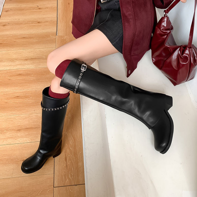 Karin Luna In Stock Spot Goods Belt Buckle Color-Washed Casual Thick-Soled Bootcut Pants Boots