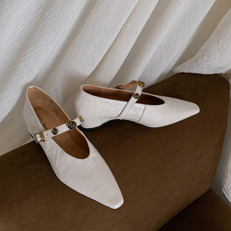 Karin Luna In Stock Spot Goods    Retro Classic Metal Camellia Irregular Heel Single Shoes