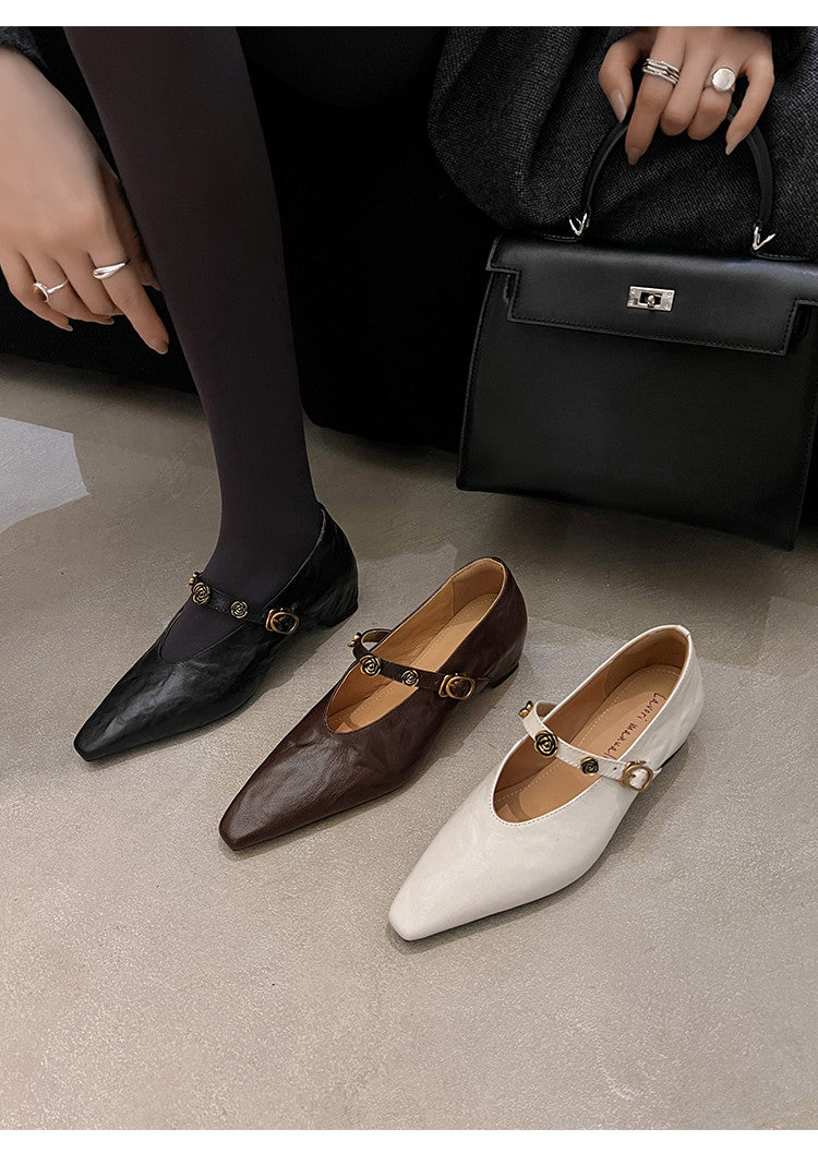 Karin Luna In Stock Spot Goods    Retro Classic Metal Camellia Irregular Heel Single Shoes