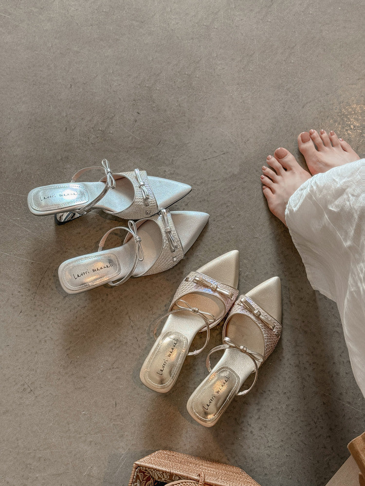 Karin Luna Fish Skin Series~Pointed Toe Irregular Heel Bowknot Strap Slippers