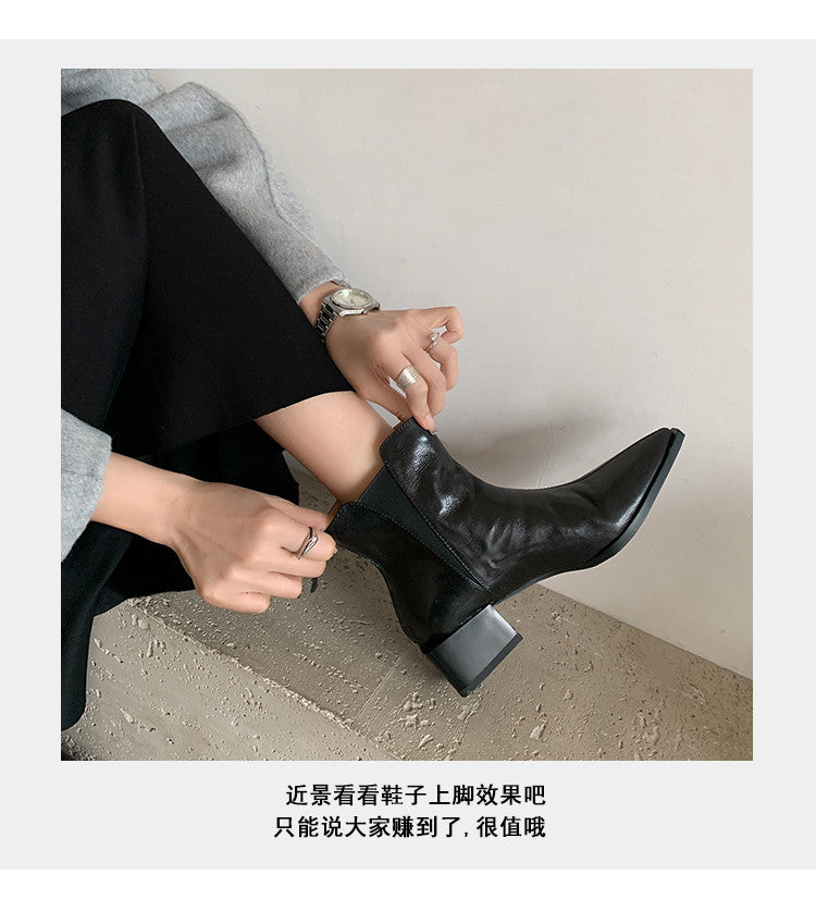 Karin Luna In Stock Spot Goods Elegant Stretch Fabric Patchwork Pointed Toe Chunky Heel Short Boots