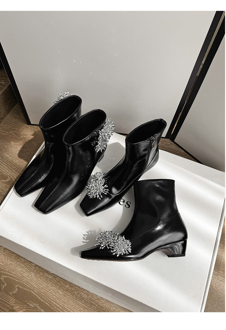 Karin Luna Elegant Style Square Toe Flower Design Height Increasing Short Boots with Two Front and Back Options
