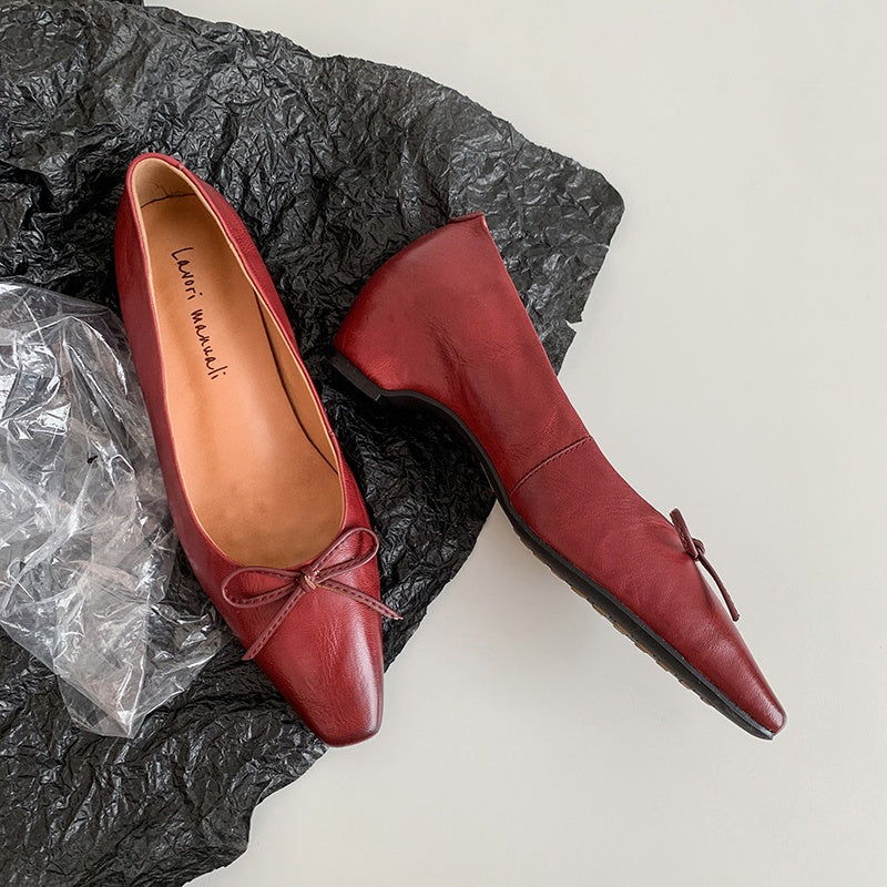 Karin Luna Full Layer Inside and Out~Basic Versatile Small Square Toe Butterfly Knot Irregular Heel Single Shoes