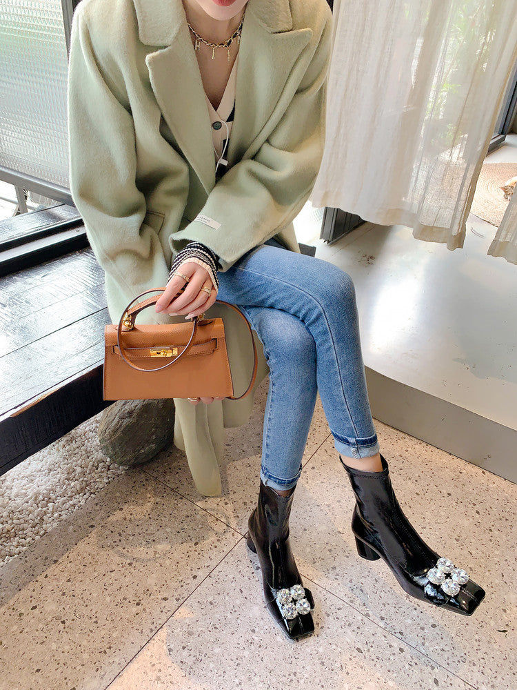 Karin Luna In Stock  Elegant Style Square Toe Rhinestone Chunky Heel Ankle Boots