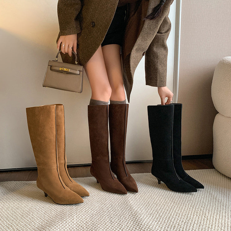 Karin Luna In Stock Spot Goods Retro Cowhide Pointed Toe Stiletto Elegant Long Boots