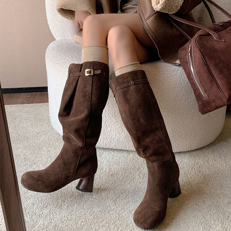 Karin Luna In Stock In Stock Mango Head Large Tube Belt Buckle Chunky Heel Long Boots