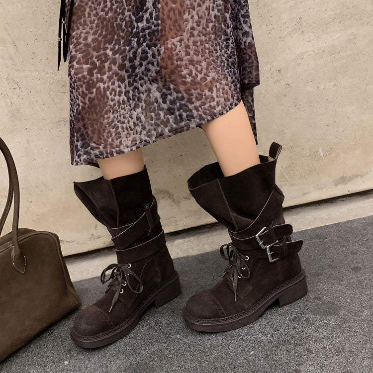 Karin Luna Bestseller Hot-Selling Large Tube Leather Belt Buckle Round Toe Thick-Soled Short Boots