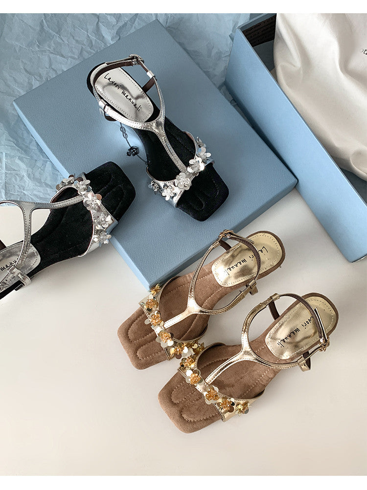 Karin Luna Hot-Selling Sequin Floral Series ~  Square Toe Irregular Heel Square Toe Sandals