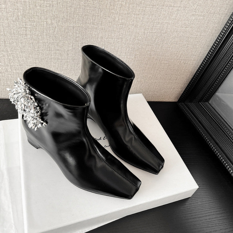 Karin Luna Elegant Style Square Toe Flower Design Height Increasing Short Boots with Two Front and Back Options