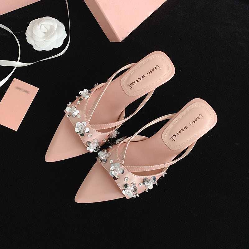Karin Luna Bestseller Sequin Elements Elegant Pointed Toe Irregular Heel Slippers