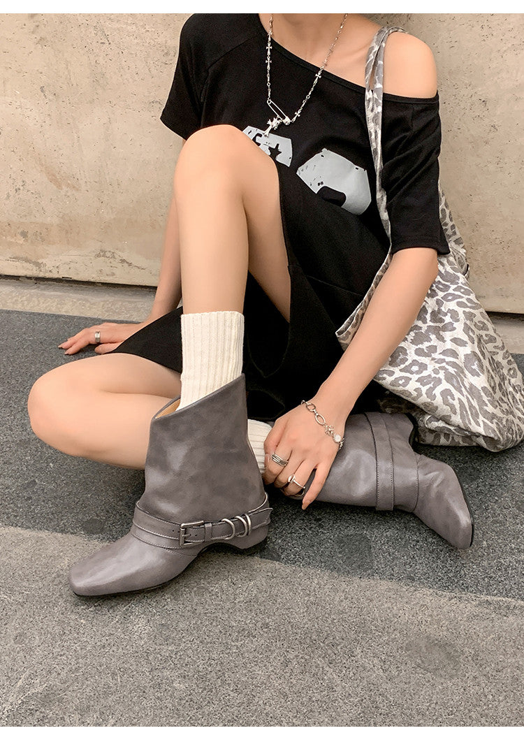 Karin Luna Data Hot Item Square Toe Hidden Wedge Belt Buckle Suede Ankle Boots