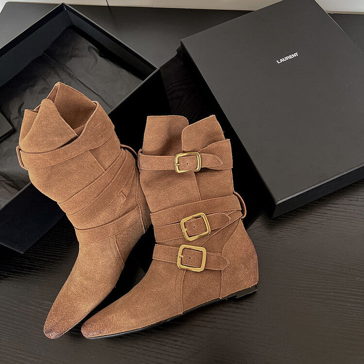 Karin Luna Cow Leather Small Square Toe Belt Buckle Fashion Boots