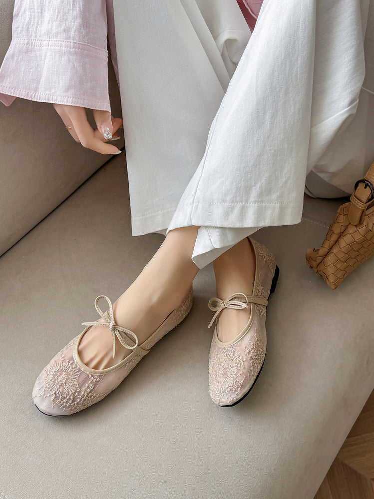 Karin Luna In Stock Spot Goods  Summer Breathable Retro Embroidered Bow Granny Shoes