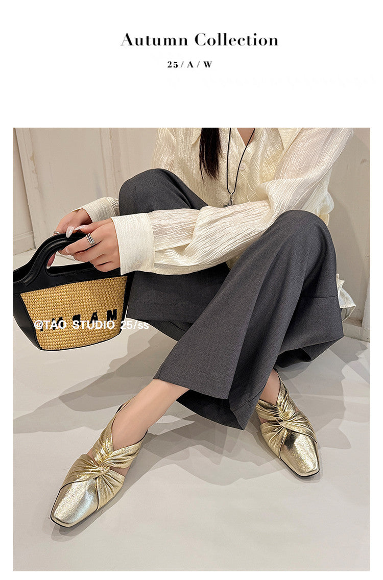 Karin Luna French Retro Wrinkled Small Square Toe Elegant Closed-Toe Sandals