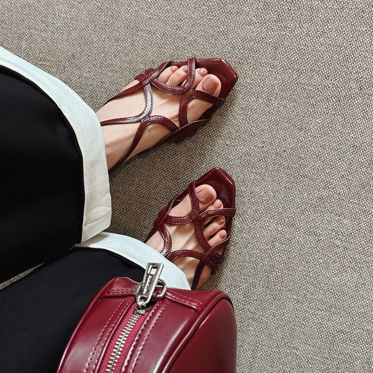 Karin Luna French Hollow Style Small Square Toe Chunky Heel Sandals
