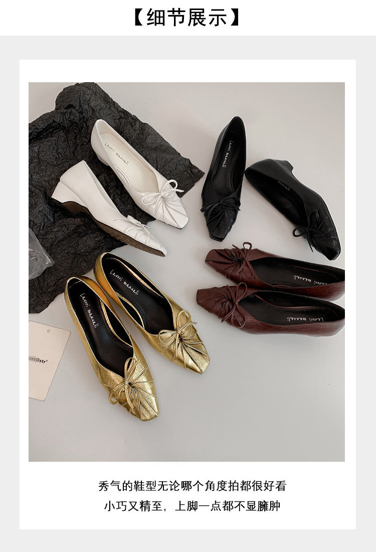 Karin Luna French Style Wrinkled Square Toe Height-Increasing Flats