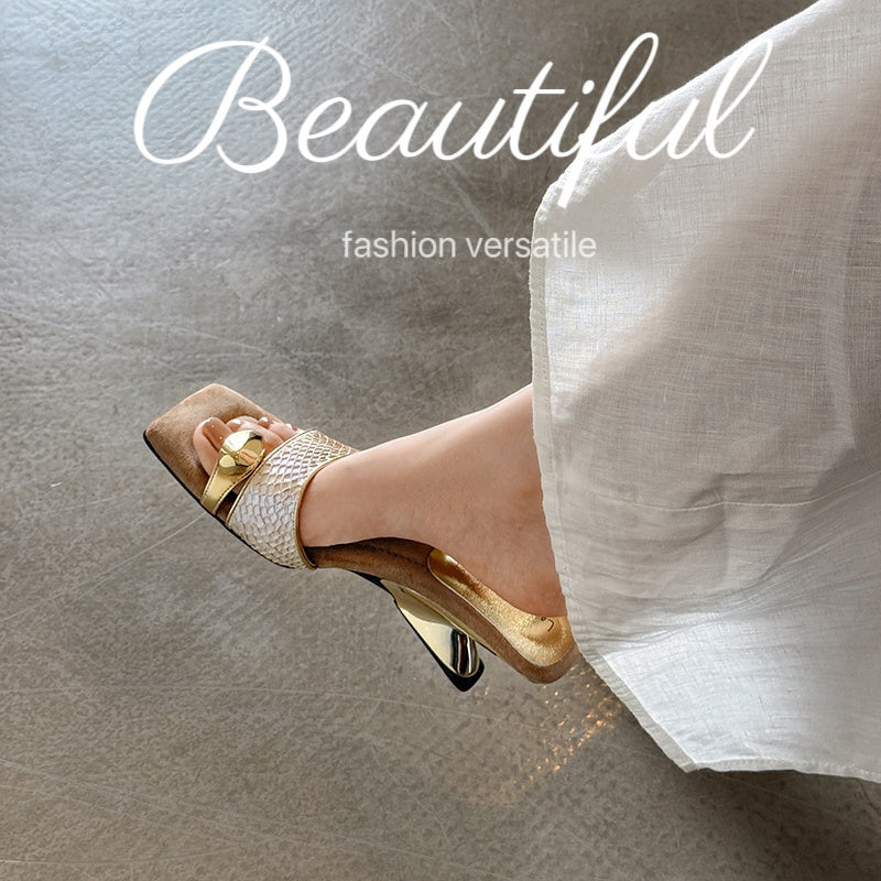 Karin Luna Fish Skin Series~Minimalist Square Toe Popular Irregular Heel Slippers